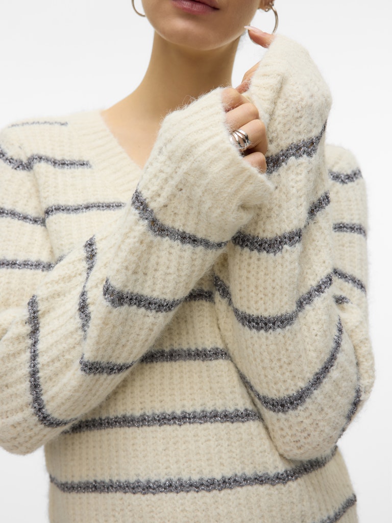 Vmawesome Shine Ls V-nck Stripe Pull Boo - Ecru Dessin