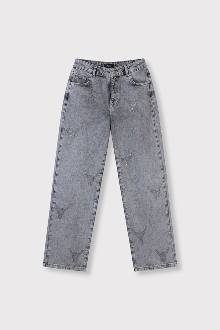 Ladies Woven Stras Bull Pants - Grey Denim