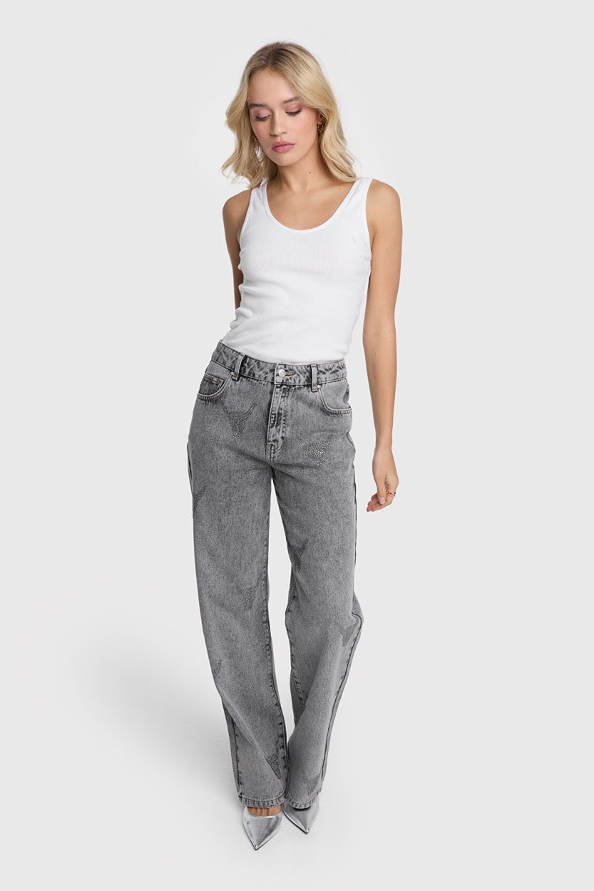 Ladies Woven Stras Bull Pants - Grey Denim