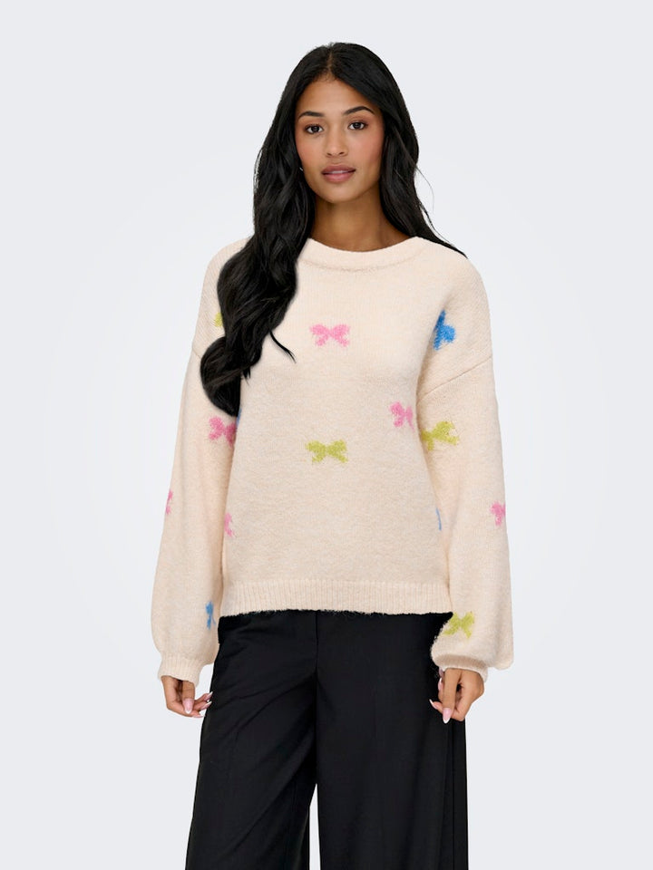 Onlbrunhilda Life Ls Bow O-neck Knt - Ecru Dessin