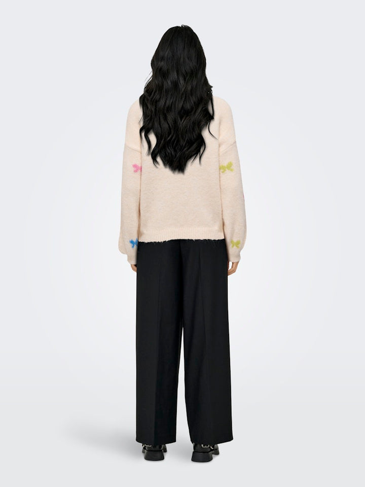 Onlbrunhilda Life Ls Bow O-neck Knt - Ecru Dessin