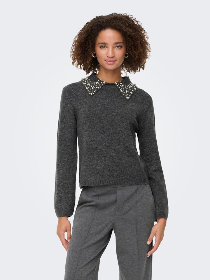 Jdyaubray Life L/s Pearl Collar Pull Knt - Grijs Melee