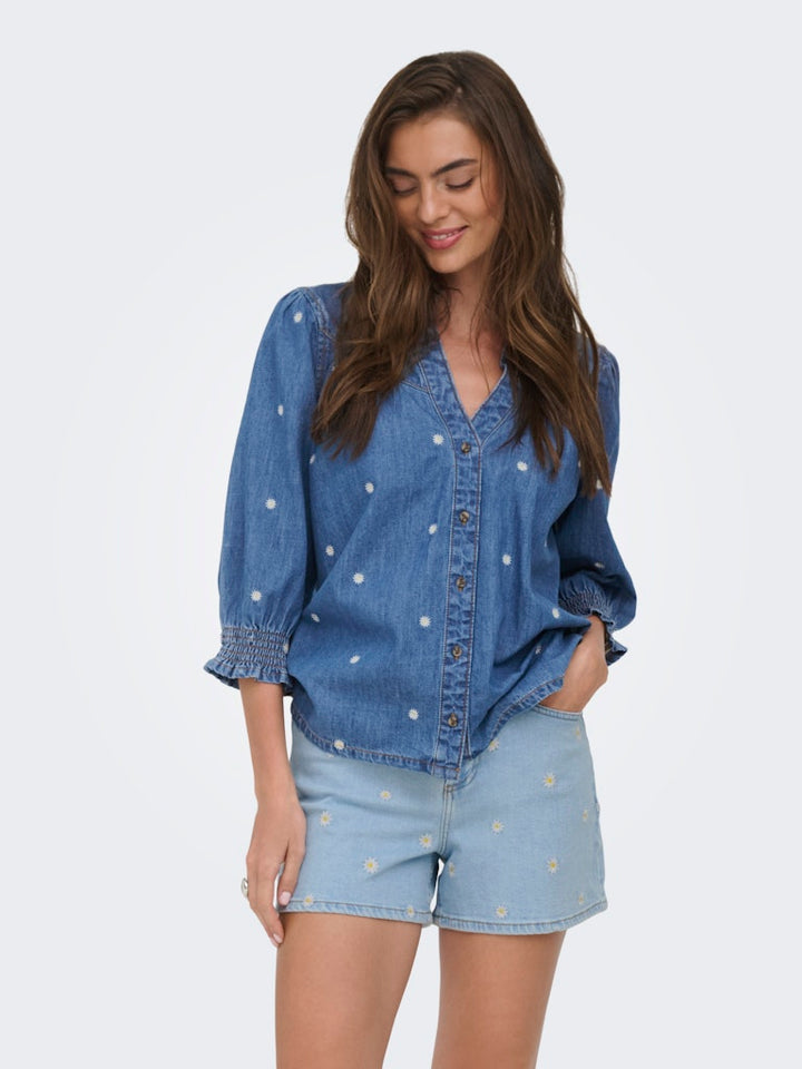 Onlraya Daisy Emb 3/4 Shirt Dnm Akm - Blue Denim