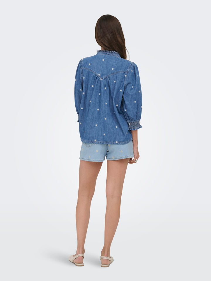 Onlraya Daisy Emb 3/4 Shirt Dnm Akm - Blue Denim