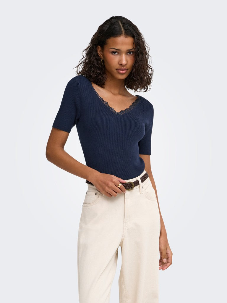 Jdynanna S/s Revers Lace Pullover Knt - Navy
