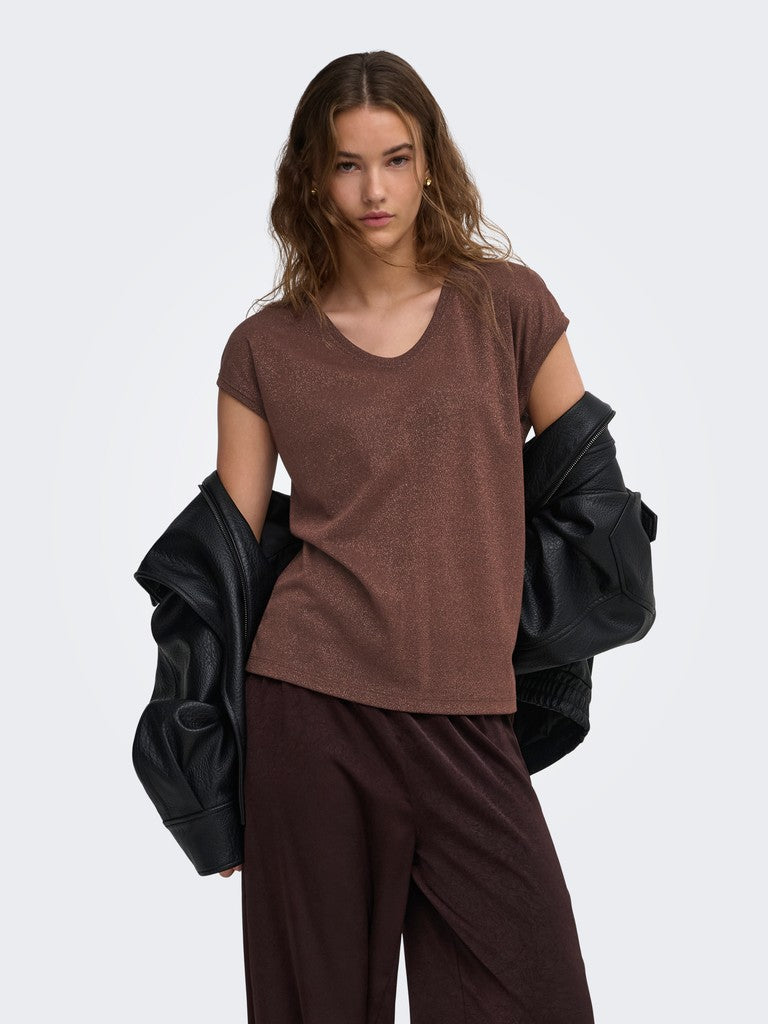 Onlsilvery S/s V Neck Lurex Top Jrs Noos - Bordeaux