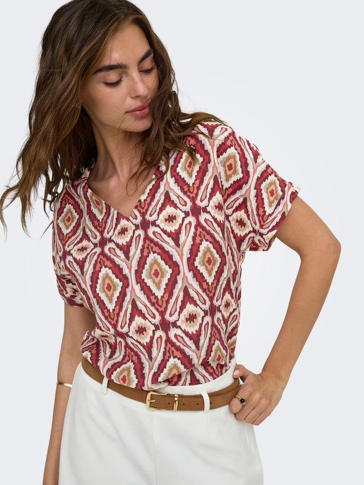 Onlbelly Mikasi Ss V-neck Top Wvn Ex - Rood Dessin