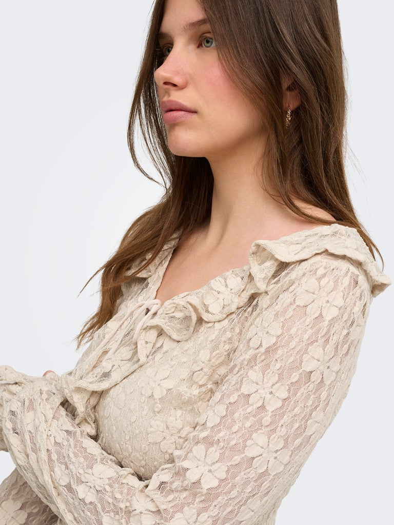 Onlpearlina Ls Ruffle Lace Top Wvn - Ecru