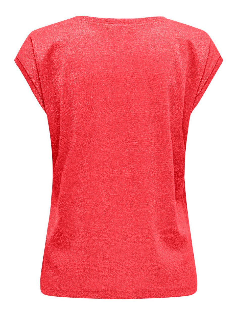 Onlsilvery S/s V Neck Lurex Top Jrs - Rood