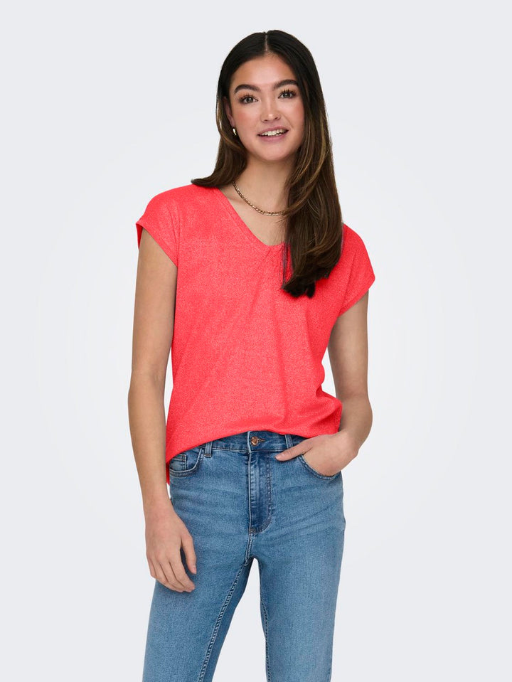 Onlsilvery S/s V Neck Lurex Top Jrs - Rood