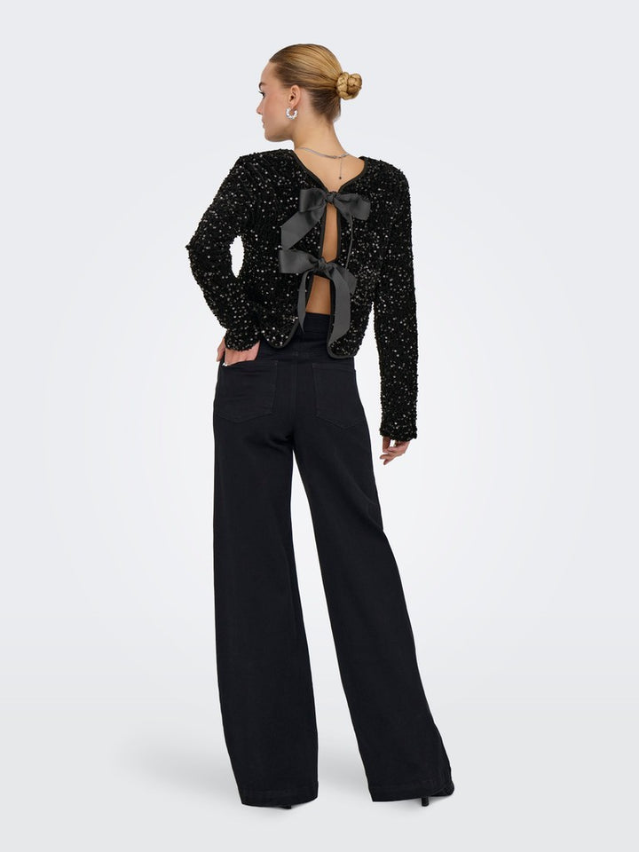 Onlanika Sequins Ls Bow Top Wvn Cs - Zwart
