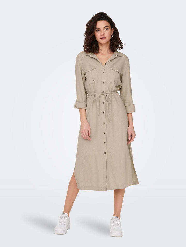 Onlcaro Ls Linen Shirt Dress Cc Pnt - Zand
