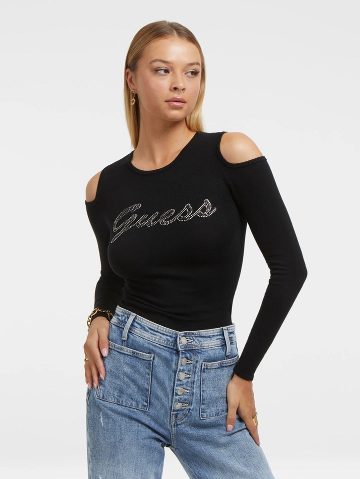 Cold Shoulder Guess Logo Sweater - Zwart