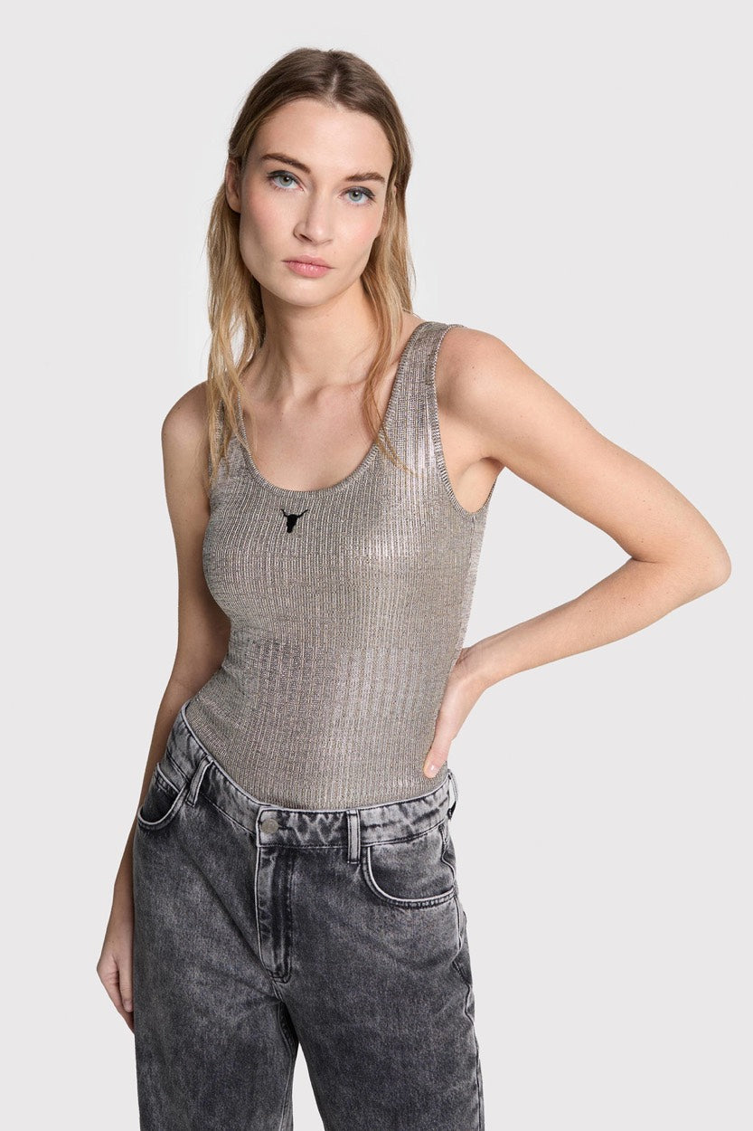 Ladies  Knitte Voile Tack Top - Zilverkleurig