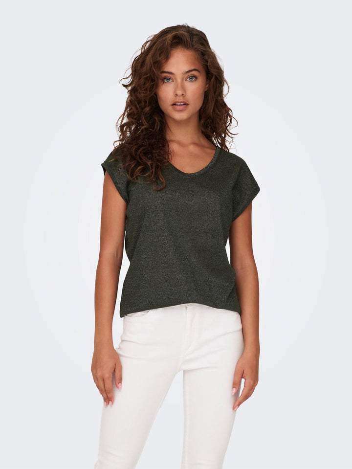 Onlsilvery S/s V Neck Lurex Top Jrs - Groen Dessin